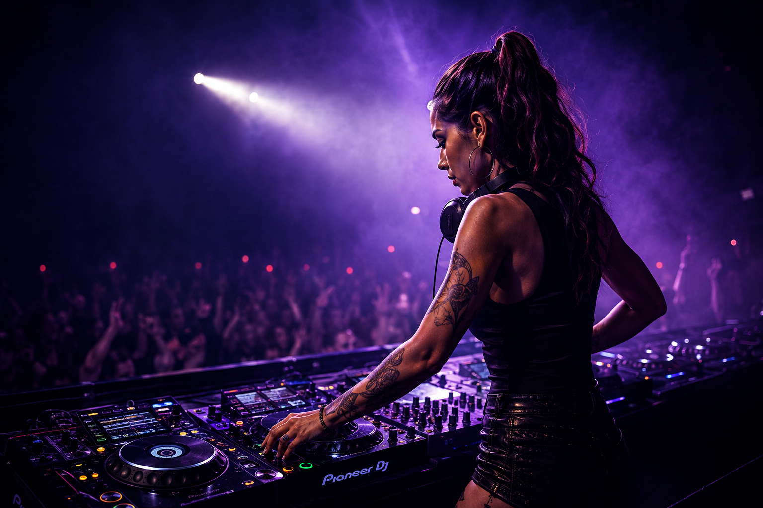 Paris Nox live am DJ-Pult mit violettem Bühnenlicht